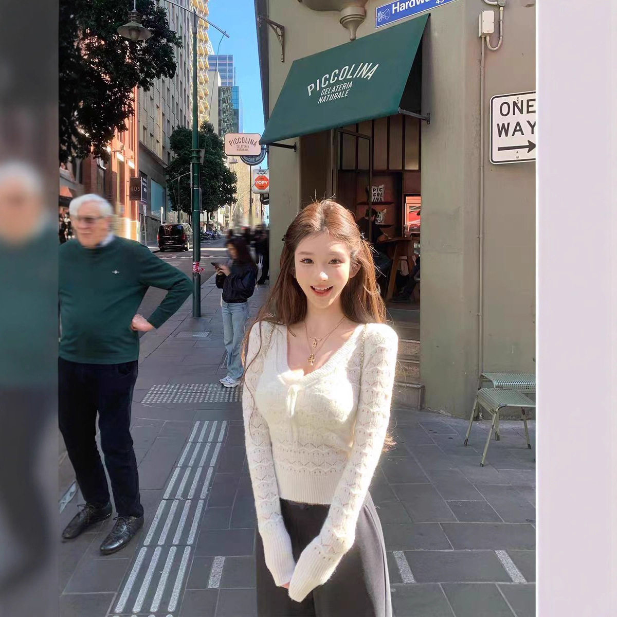 JMSHOP 暮色memory 镂空波浪V领针织上衣女秋设计感绑带长袖毛衣