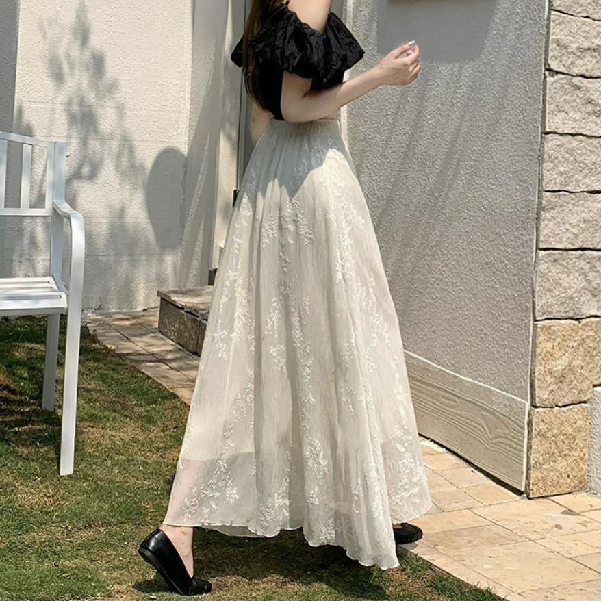 蕾丝重工刺绣半身裙女夏新款高腰显瘦a字百褶裙百搭垂感大摆伞裙