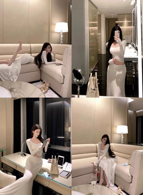 JAYKY YANG软糯奏曲长袖U领短上衣修身高腰大裙摆半身裙套装