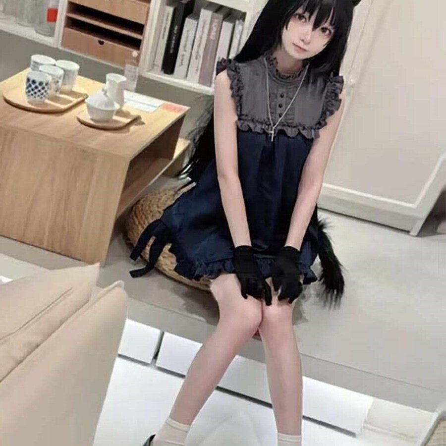 宽松复古古着风荷叶宽松显瘦连衣裙新款量产型小个子藏青色短裙夏