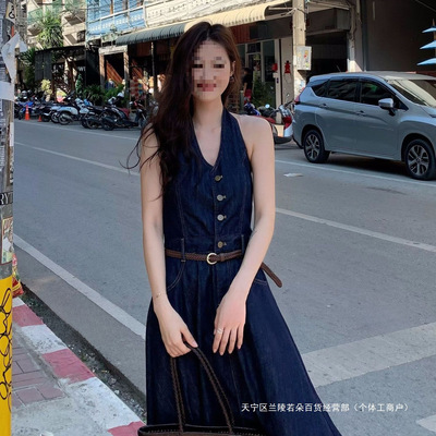 跨境LS述致 无袖收腰背心牛仔连衣裙25春季新款时尚长裙(配腰带)S
