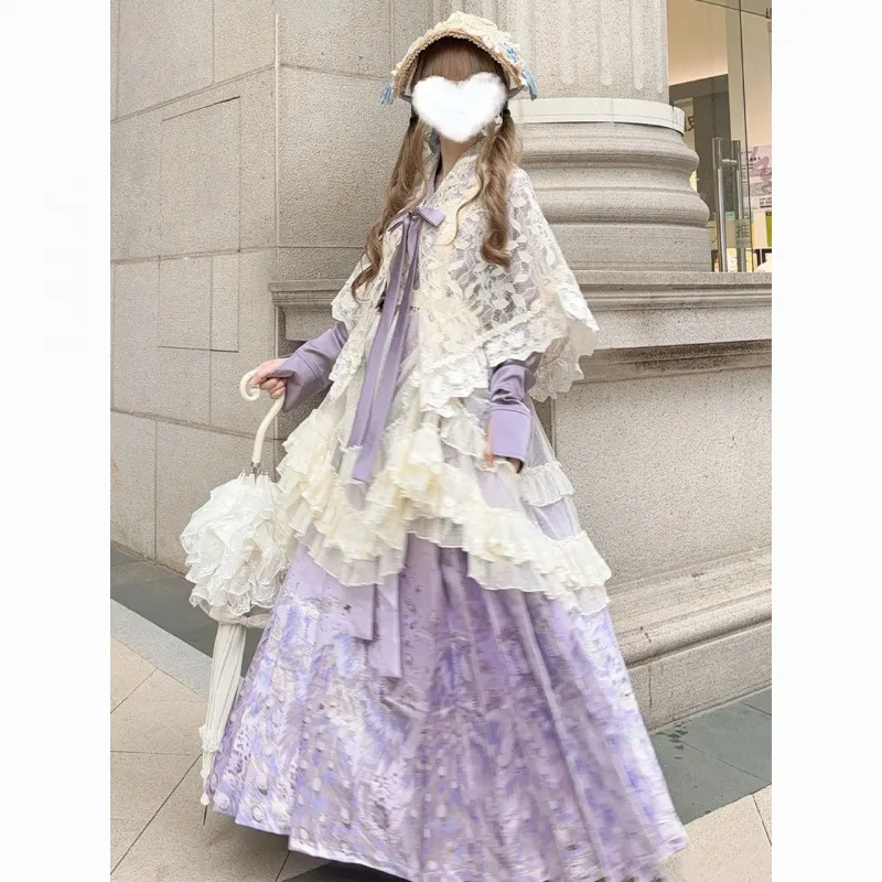 汉洋折衷汉服秋冬日常紫色套装交领开衫马面裙山海经洛丽塔汉元素