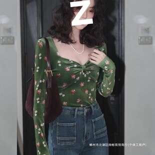 长袖 修身 别致绝美上衣雪尼 复古绿色碎花方领打底春秋新款 跨境法式