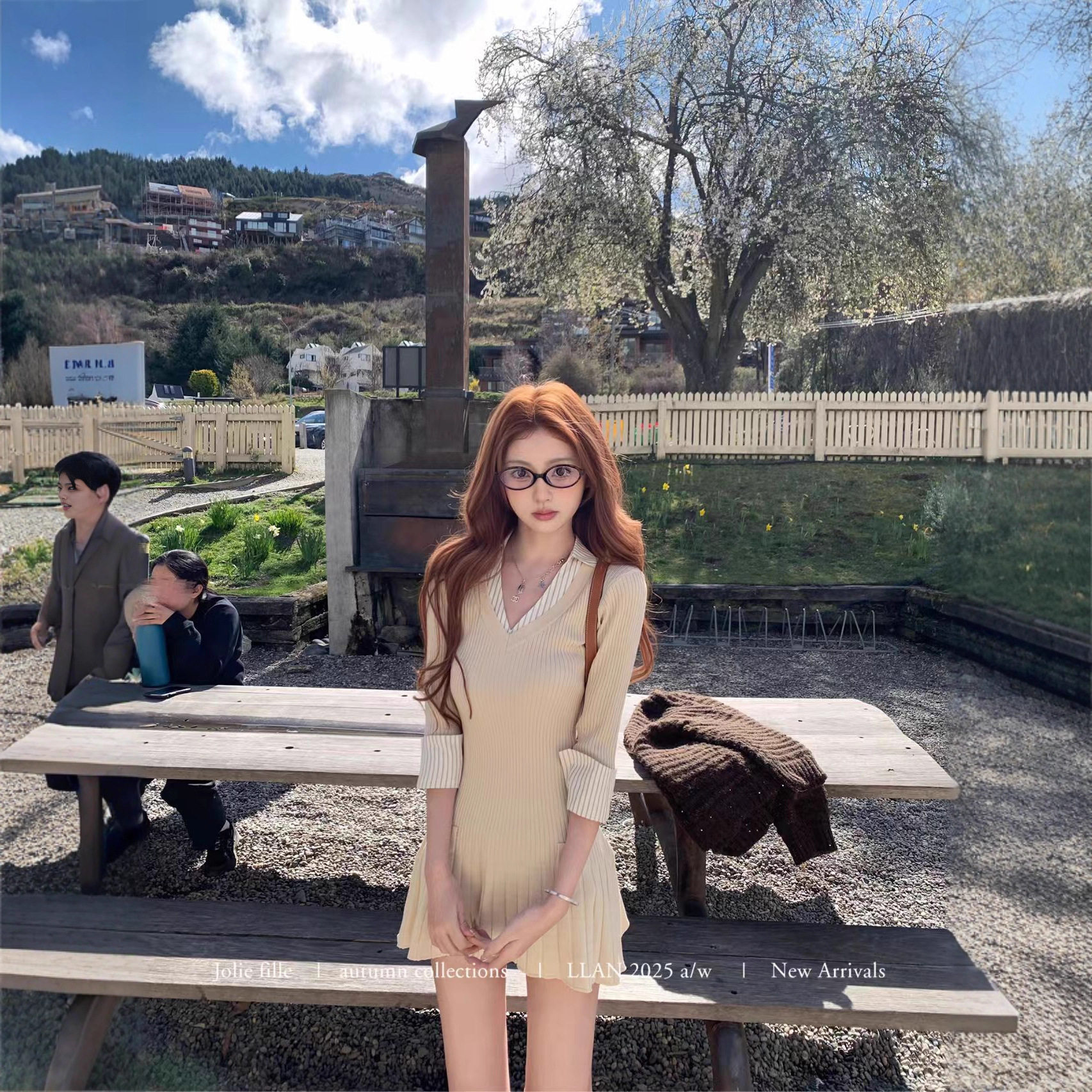 你的懒懒llan高智少女感软糯亲肤衬衫领假两件拼接针织连衣裙