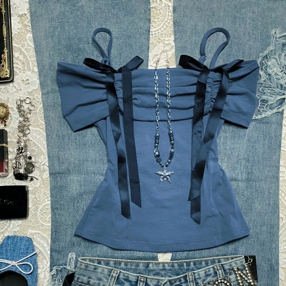 美式复古着vintage一字领褶皱吊带短袖千禧甜辣y2k蝴蝶结上衣t恤