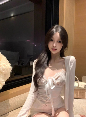 woppei 7/12 20:00 valentin0蕾丝蝴蝶结绑带吊带top+开衫