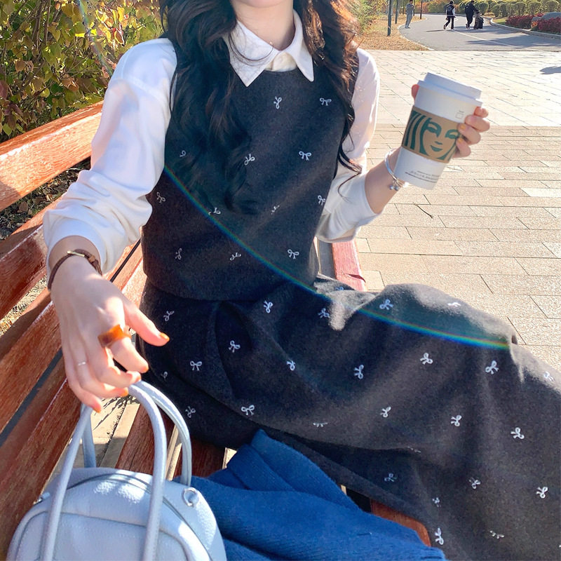 【智性灰调】韩版毛呢马甲女背心上衣半身裙长裙时尚套装女两件套