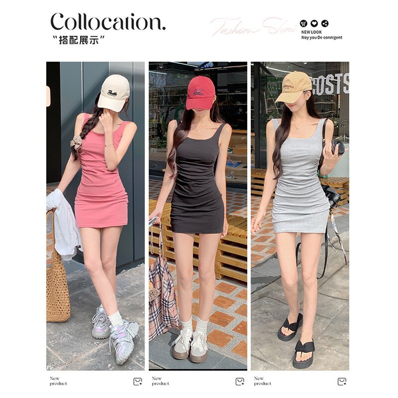 5001辣妹露肩吊带连衣裙女夏季小妈裙修身显瘦棉包臀短裙御姐风