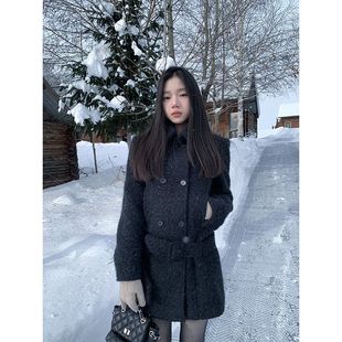 原版黑色毛呢外套秋冬新款法式赫本风翻领宽松小个子上衣风衣