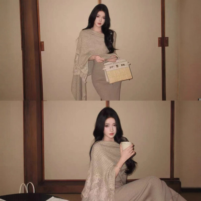 JAYKY YANG琉璃佳人羊毛蕾丝坑条吊带连衣裙镂空宽松披肩套装