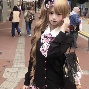 日系学院风黑色双色假两件制服上衣女秋冬粉色豹纹辣妹半身裙套装