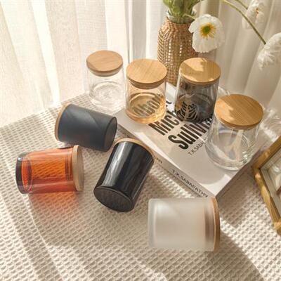 diy香薰蜡烛带木盖玻璃空杯 创意手工制作大豆蜡透明磨砂竹盖烛台