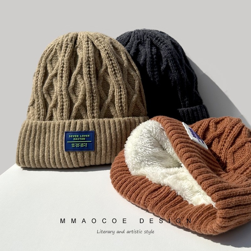 毛线帽女秋冬百搭字母男麻花菱形纹加绒针织帽出游保暖帽套头帽子