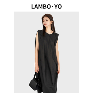 LAMBOYO2025夏季新款无袖连衣裙宽松显瘦遮肉设计感有口袋长裙女