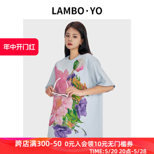 宽松纯棉舒适上衣落肩设计衫 LAMBOYO夏季 t恤新款 油画花卉印花短袖