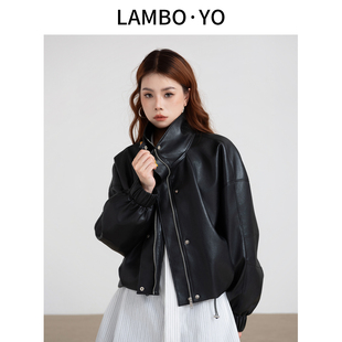 LAMBOYO2025年秋季新款短款廓形pu外套经典机车极简设计时尚皮衣