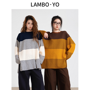 LAMBOYO2025年秋季新款慵懒撞色廓形针织衫随性气质开叉条纹毛衣