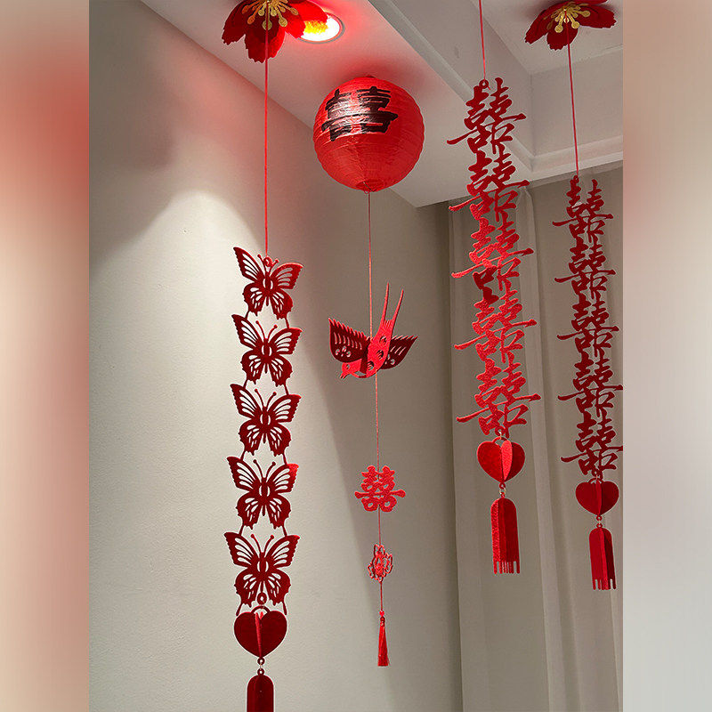 婚房布置吊顶装饰喜字拉花结婚男女方卧室天花板结婚挂饰房顶套装