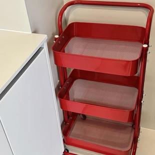 红色置物架小推车家用收纳多层可移动置物架子客厅卧室零食收纳层