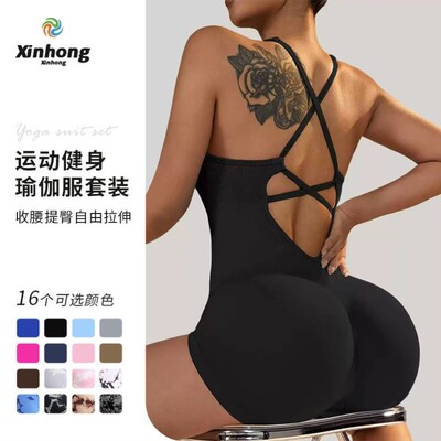 欧美背心式瑜伽连体衣短裤性感包臀一体式新款运动连体衣裤