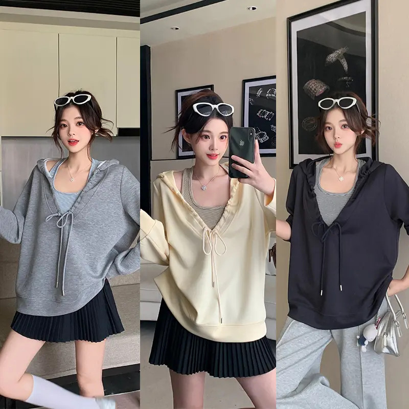 2026真两件套装新款条纹背心大码女装显瘦运动套装挂脖吊带两件套