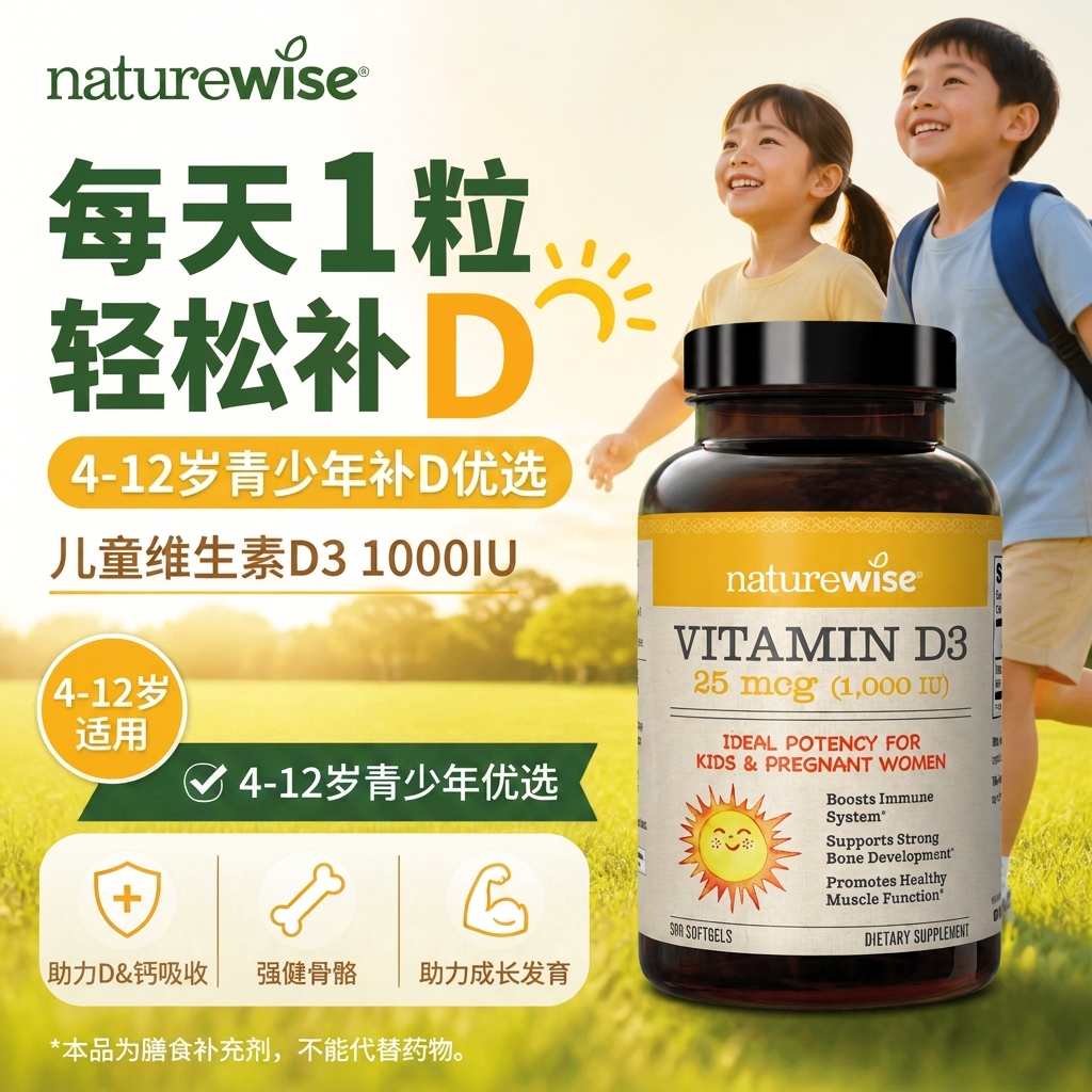 NatureWise1000IU儿童青少年维生素D3 补充维D助力钙吸收骨骼发育
