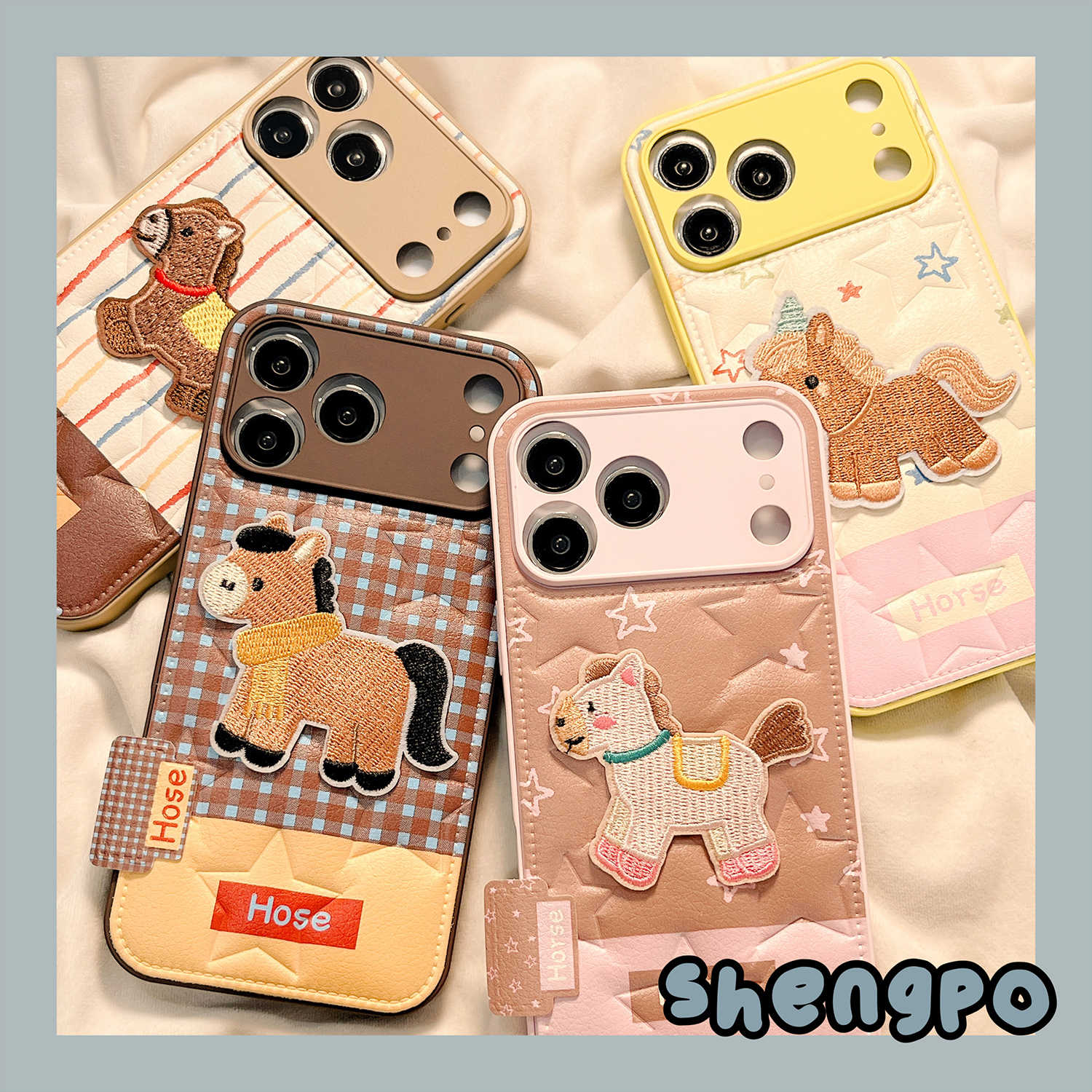 卡通格纹刺绣小马手机壳