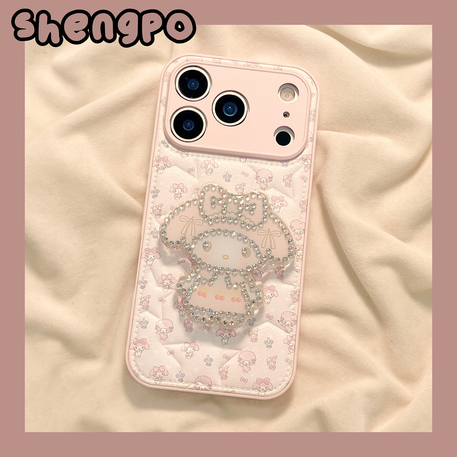 粉色美乐蒂支架闪钻适用苹果手机壳皮质iphone17promax新款少女心17可爱16promax防摔15pro硅胶14Pro女13全包,3C数码配件,手机保护套/壳,淘宝优惠券,粉丝福利购,淘宝优惠卷