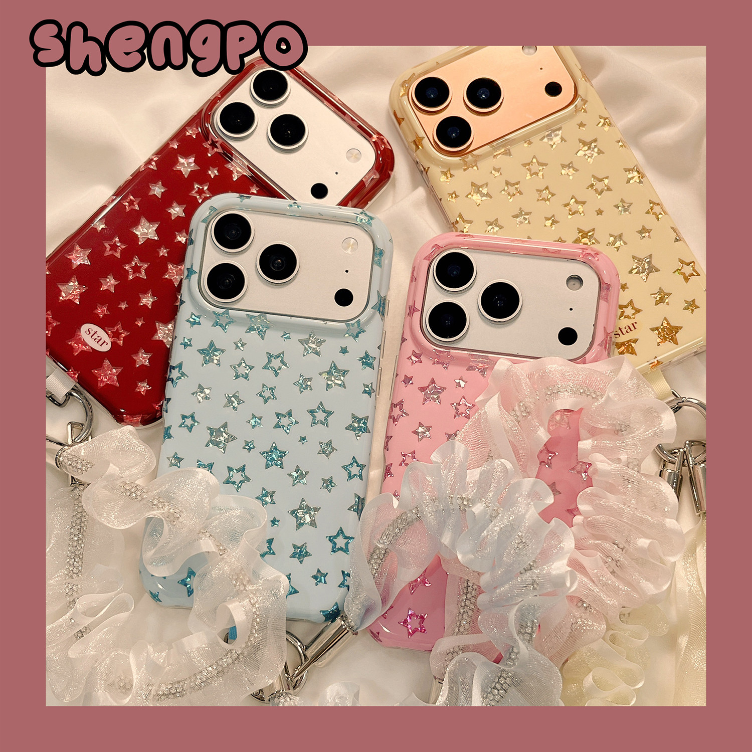 日韩ins风鎏金星星适用iPhone18promax手机壳17苹果16promax新款15Pro防摔保护套16Pro少女心17PRO带挂绳15女