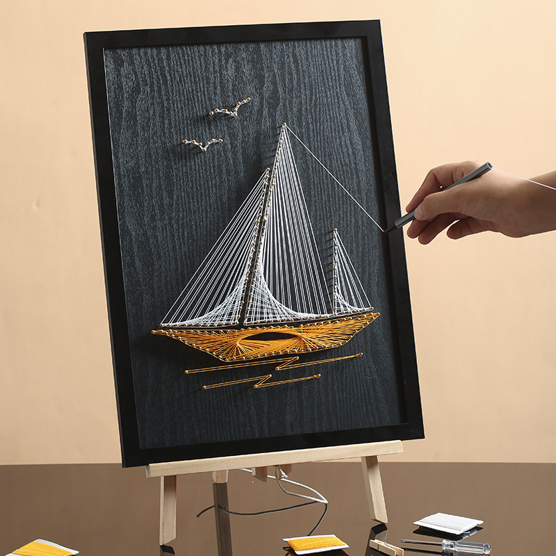 创意彩色钉子绕线画手工diy材料包制作生日礼物帆船弦丝画装饰画