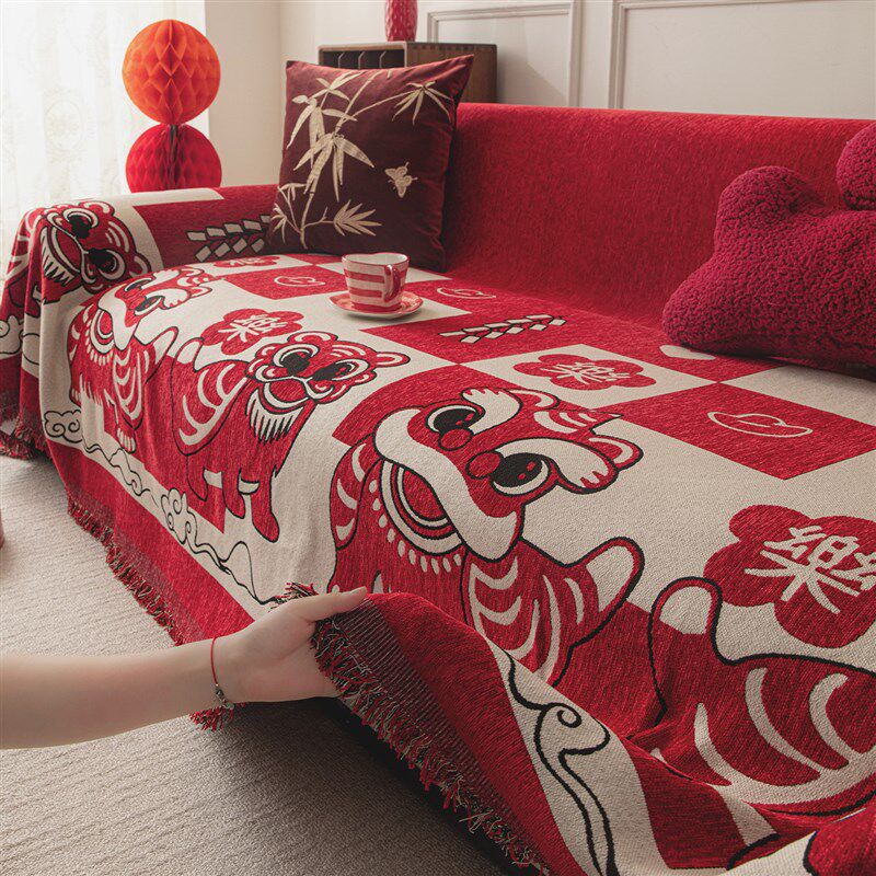 精选国潮舞狮沙发盖巾喜庆红色一片式雪尼尔盖布四季通用全盖毯垫