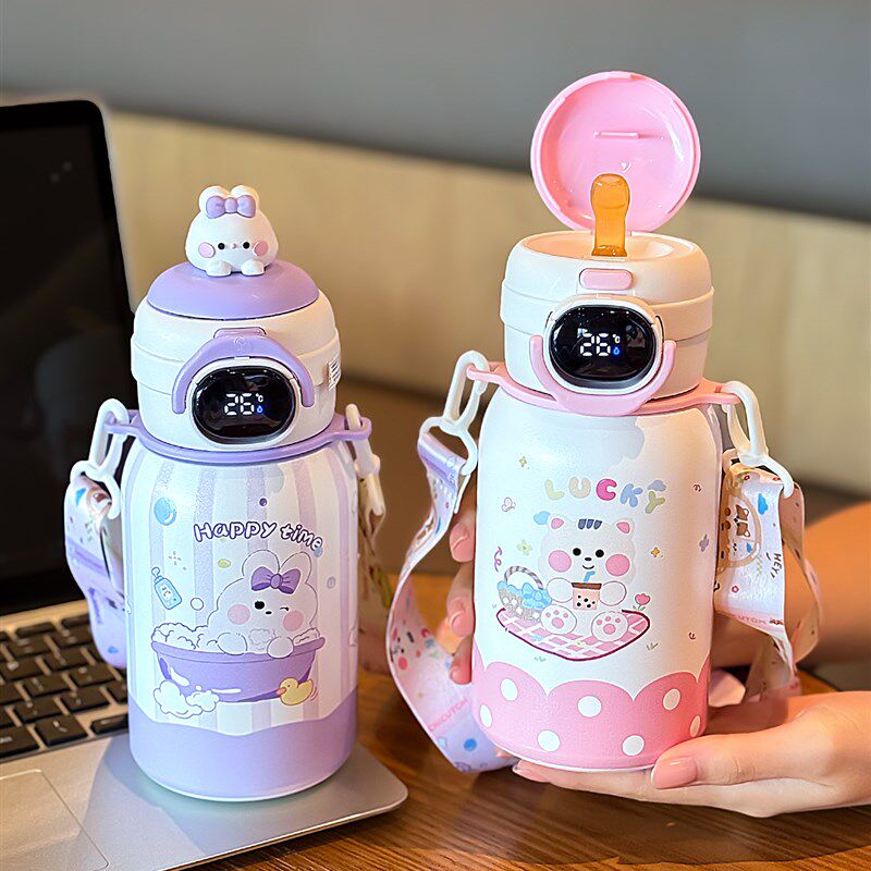 智能显温儿童保温杯男女孩食品级316大容量学生吸管水杯上学专用