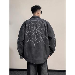 蜘蛛网刺绣皮衣外套男潮牌vibe风高级感痞帅美式 高街翻领机车夹克