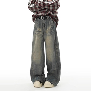 水洗泛黄杂花纹工装牛仔裤男款秋季美式复古高街潮牌宽松阔腿裤子