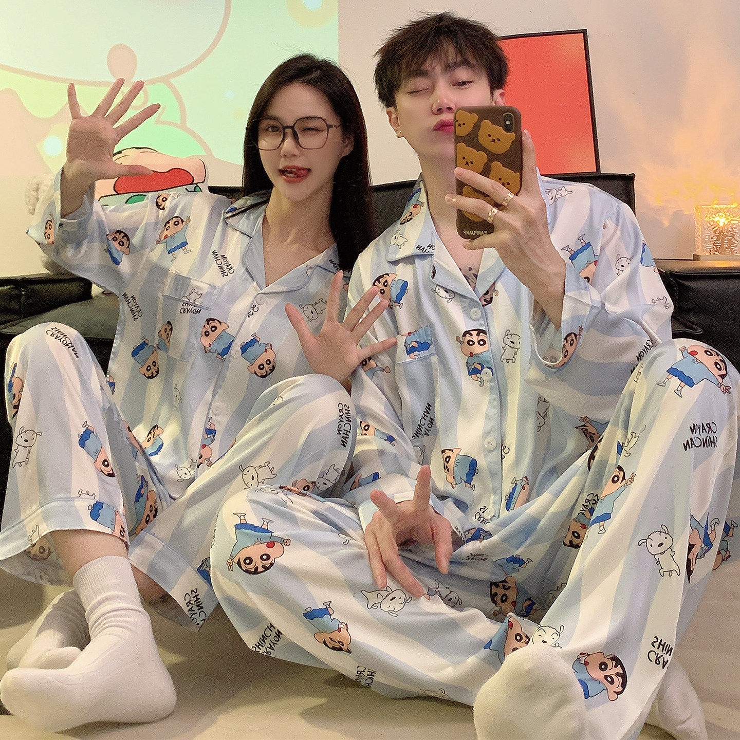 春秋季情侣睡衣女款冰丝长袖薄款可爱蜡笔小新男士卡通家居服套装