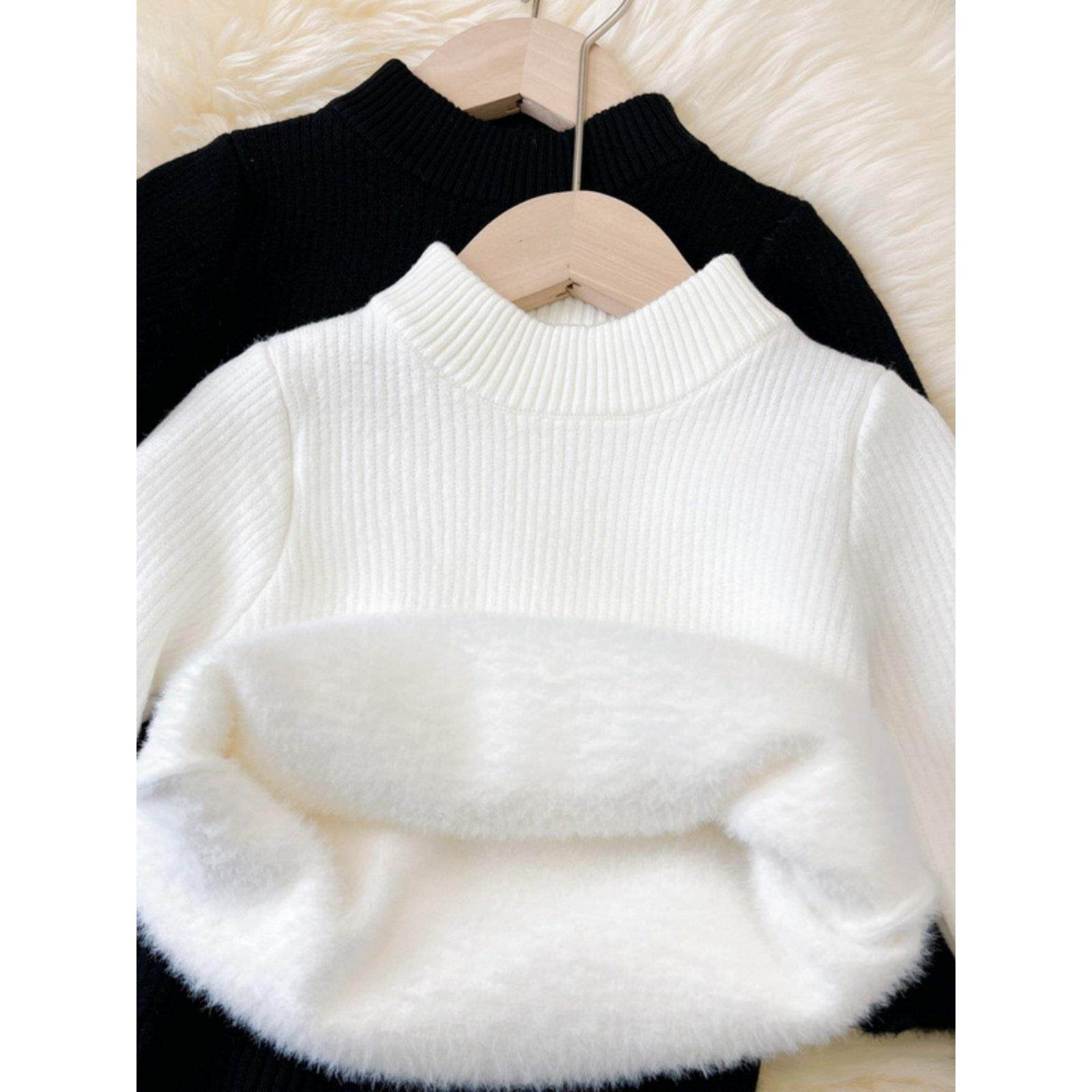 儿童毛衣一体绒加厚2025冬新款女童百搭打底衫男童纯色针织衫加绒