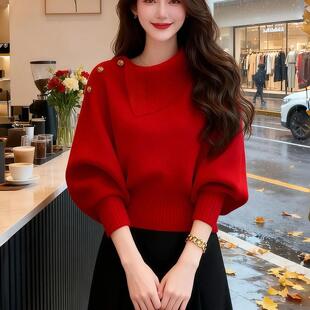 韩系宽松慵懒风高级感独特漂亮多巴胺红色不规则领针织衫毛衣女秋