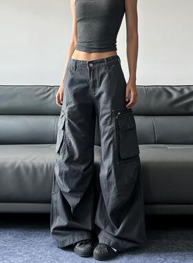 JADEQILIN美式复古褶皱做旧多口袋工装裤男女宽松阔腿直筒休闲裤