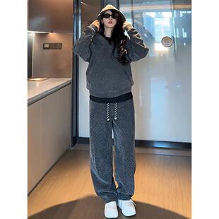 冬季重量级天鹅绒加厚银丝斜条纹休闲连帽运动衫西装男士宽松休闲