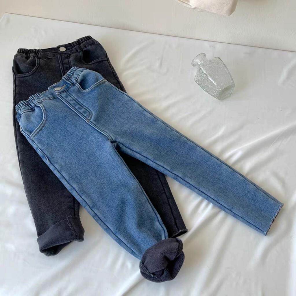 女童加绒牛仔弹力小脚裤2024冬装新款女宝宝一体绒厚款修身长裤潮