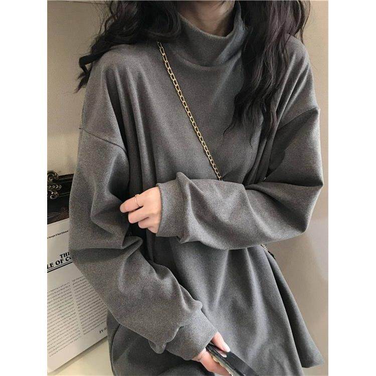 德绒半高领宽松打底衫女秋冬加厚加绒长袖保暖大码上衣胖mm遮屁股