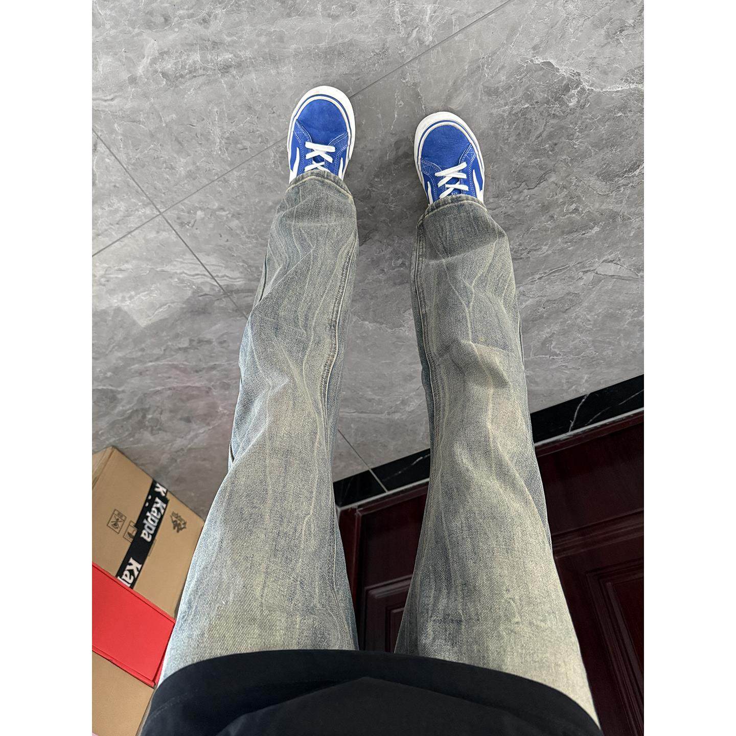 美式覆古闪电纹牛仔裤男生直筒修身显瘦裤子高街vibe显腿长微喇裤