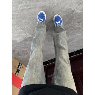 美式覆古闪电纹牛仔裤男生直筒修身显瘦裤子高街vibe显腿长微喇裤