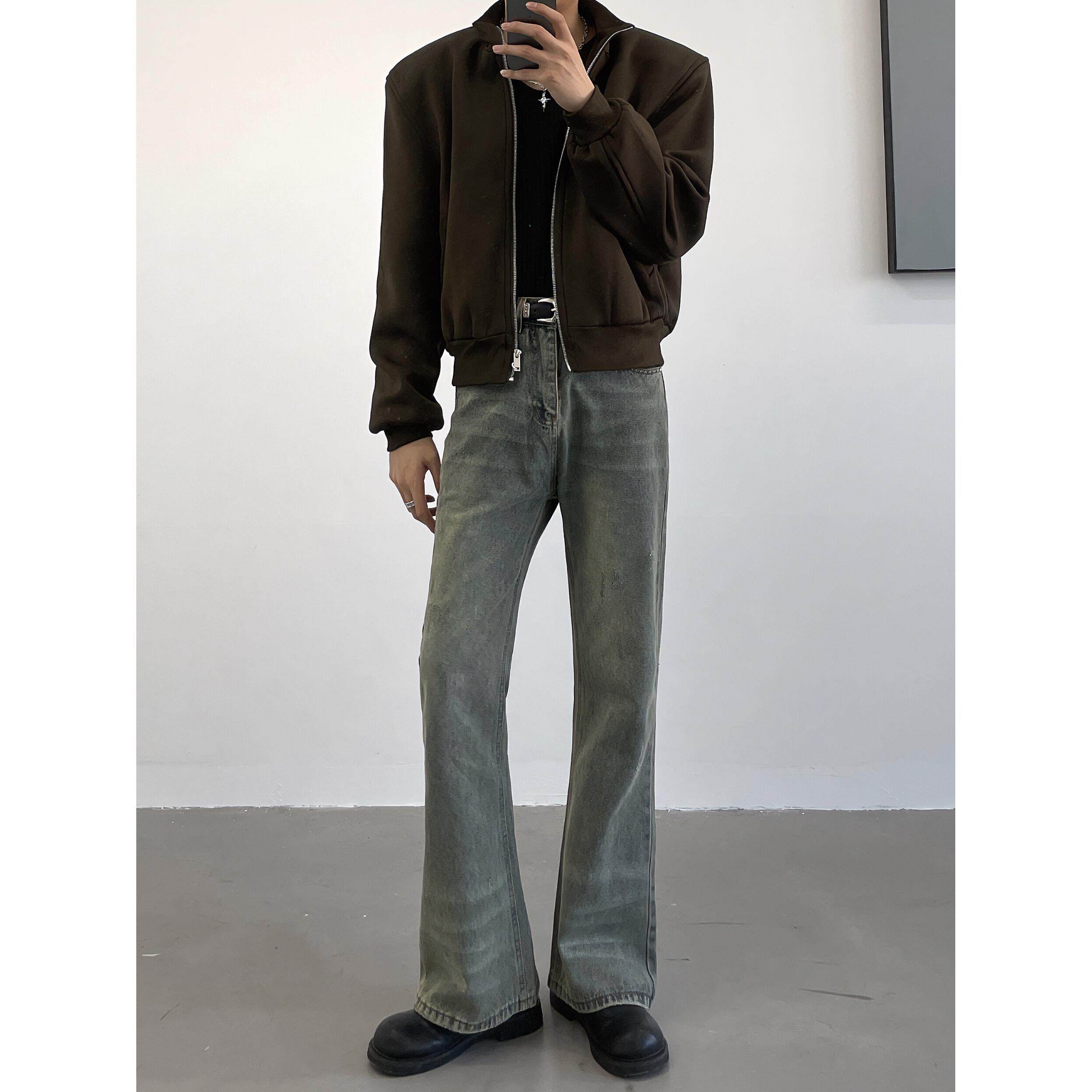 黑沧社/美式覆古水洗微喇叭牛仔裤男高街显腿长高腰堆积直筒长裤