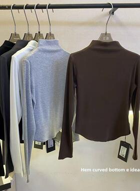 E念1262冬季新款加绒半高领长袖打底衫女纯色韩版修身显瘦T恤2024