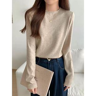 软糯百搭卷边圆领基础针织打底衫女秋冬韩版宽松简约高级内搭毛衣