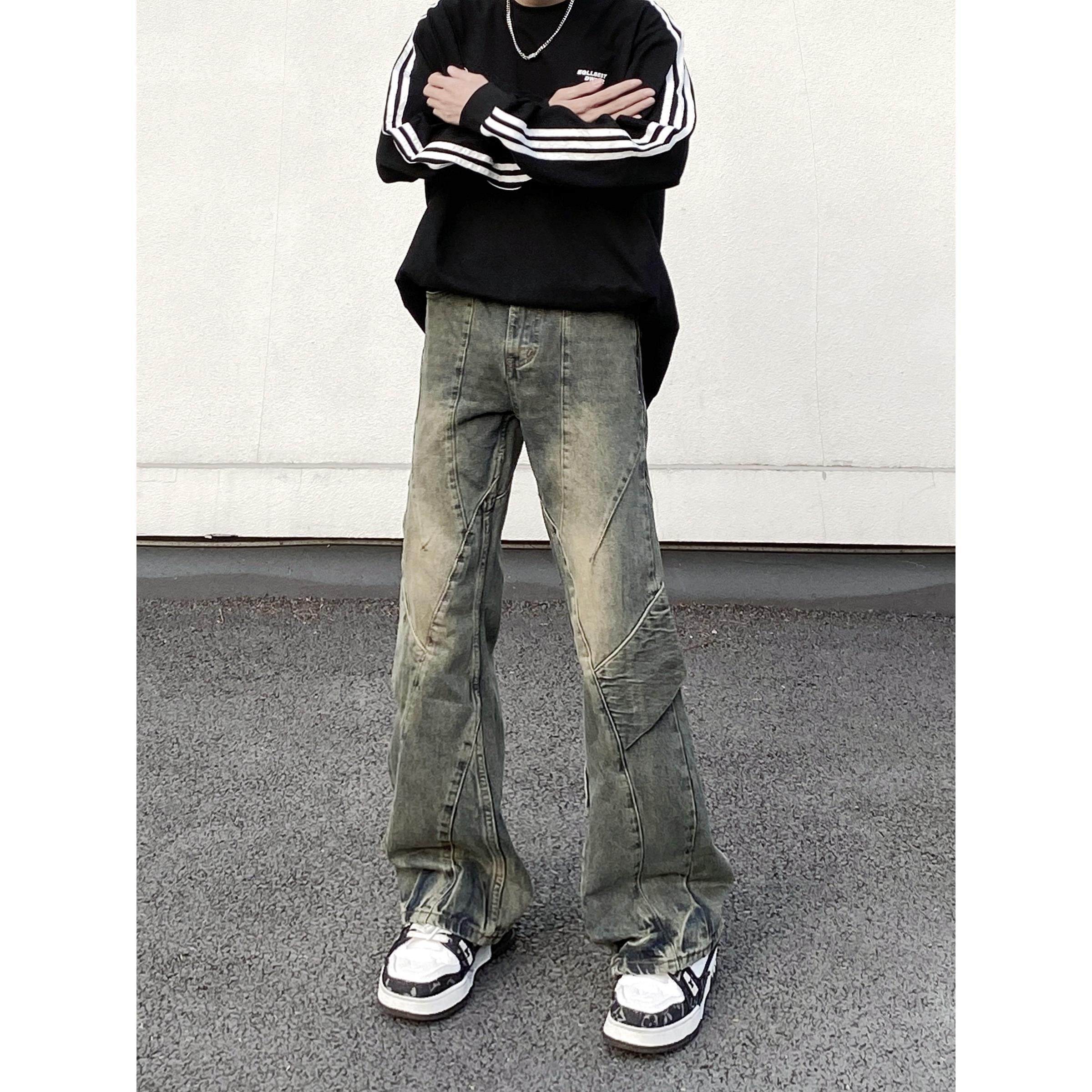 美式复古做旧水洗牛仔裤男高街设计感拼接不规则直筒阔腿微喇裤子