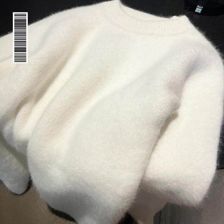 白色奶fufu毛衣外套冬季慵懒风圆领宽松加厚软糯马海毛针织衫内搭