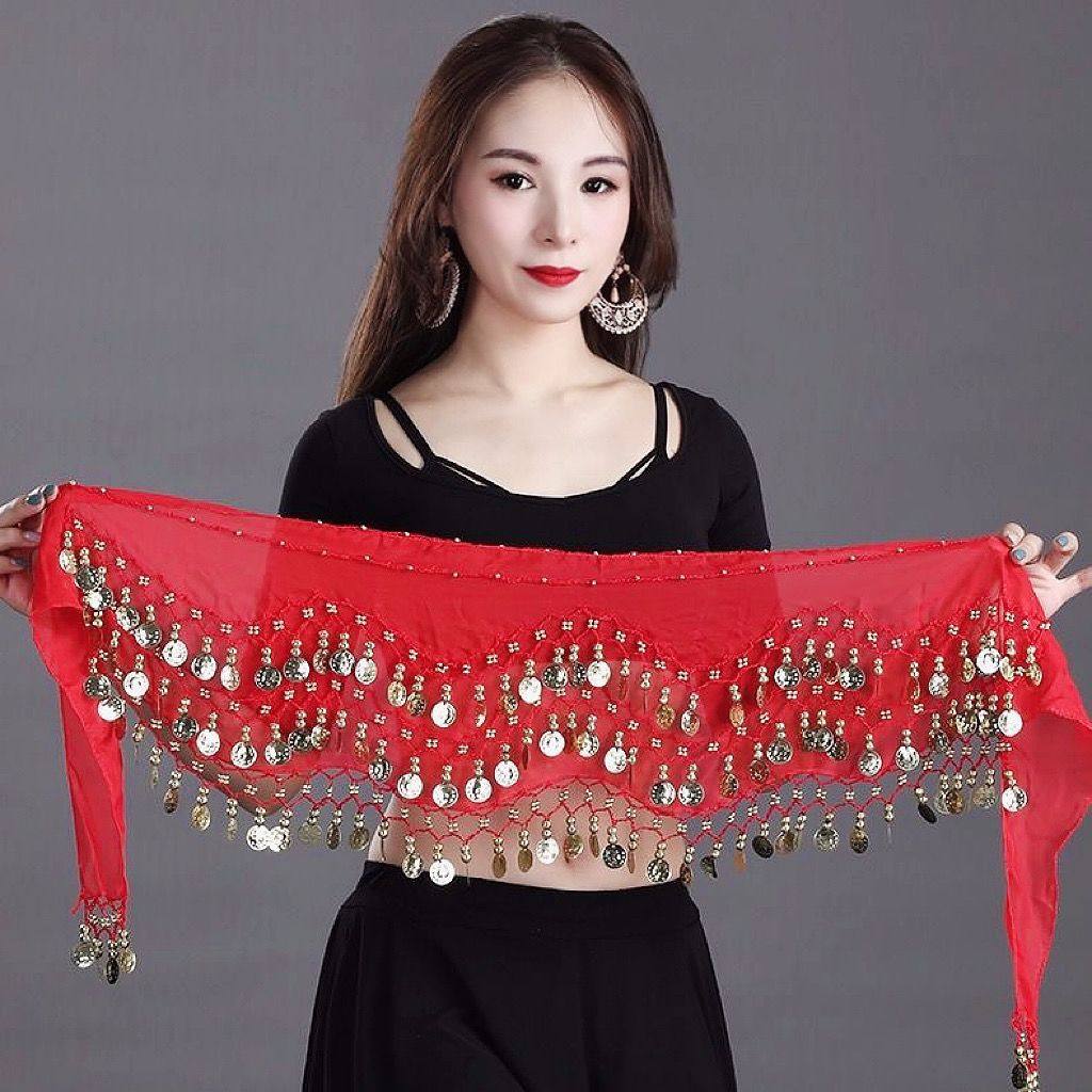 新款爵士舞臀巾亮片金属肚皮舞腰链银色金币腰巾街舞屁帘百搭腰链