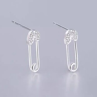 别针耳钉新款925镶钻个性闪钻小众设计感曲别针耳饰耳环不掉色ins